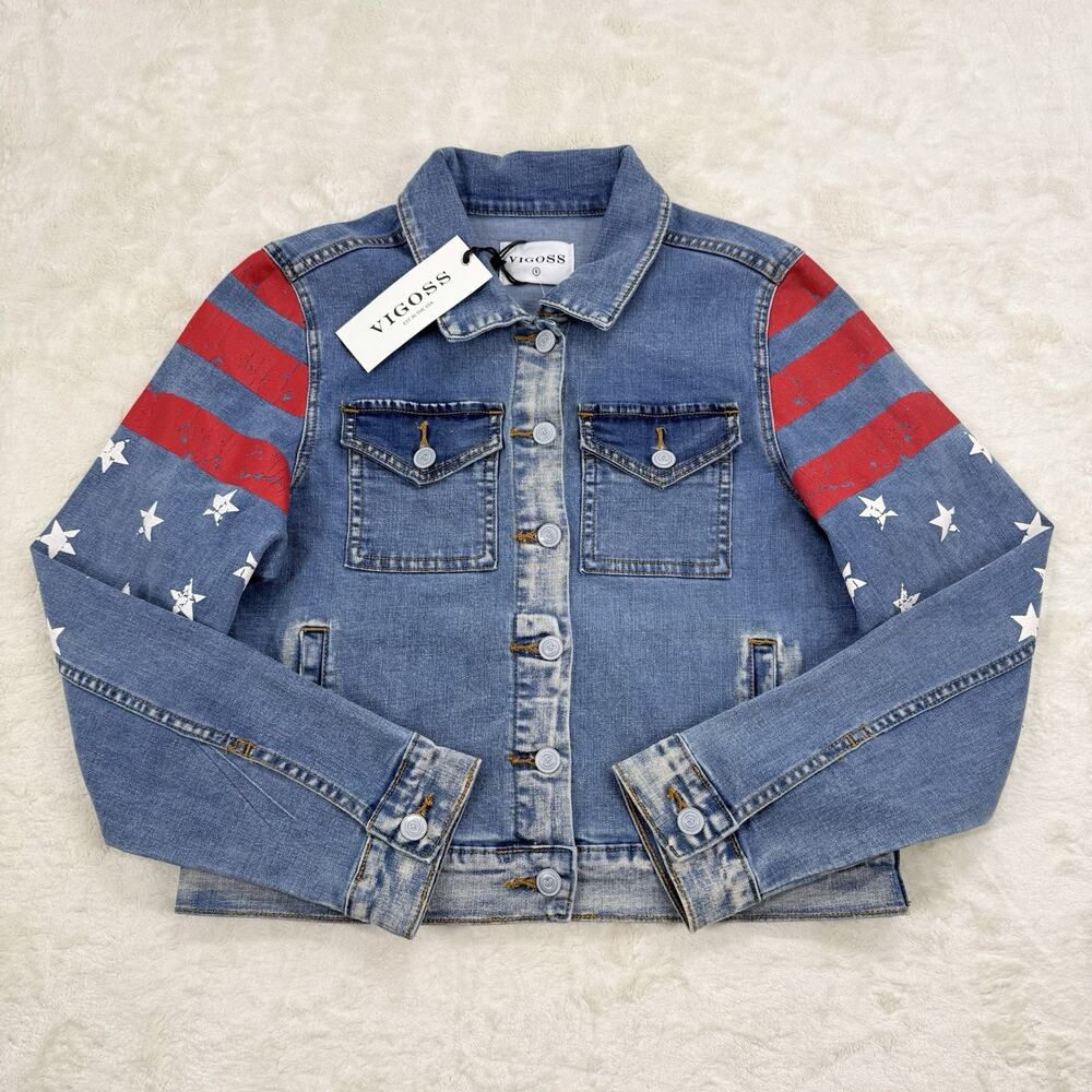 Vigoss Womens Blue Americana American Flag Denim Butron Up Jacket Size Small